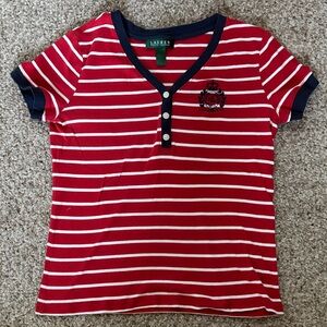 Lauren Ralph Lauren Red & White Striped Henley Tee with Navy Trim